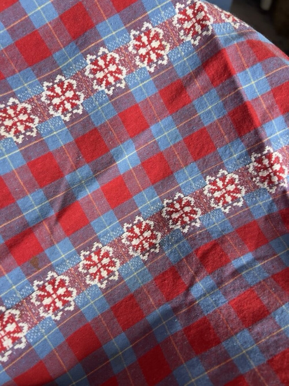 Vintage Tablecloth Red Blue Yellow 50” X 54” Checked Flower Table Linens Retro